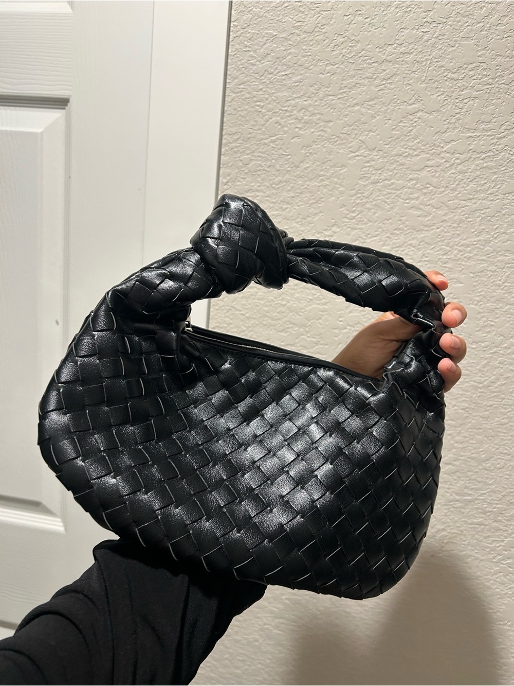 Black Woven Shoulder Bag with Knotted Handle